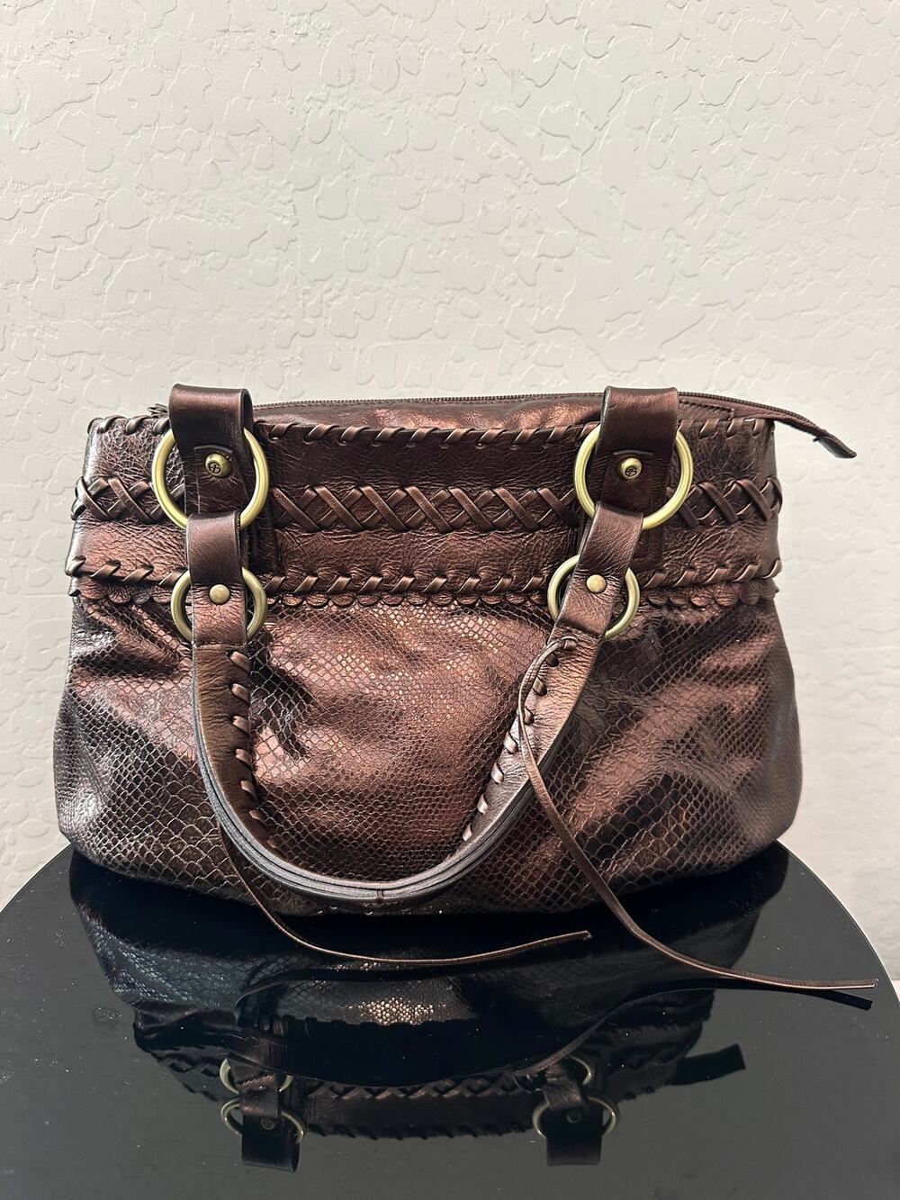 FRANCESCO Biasia Metallic Bronze Leather Snakeskin Embossed Braided Y2K Bag